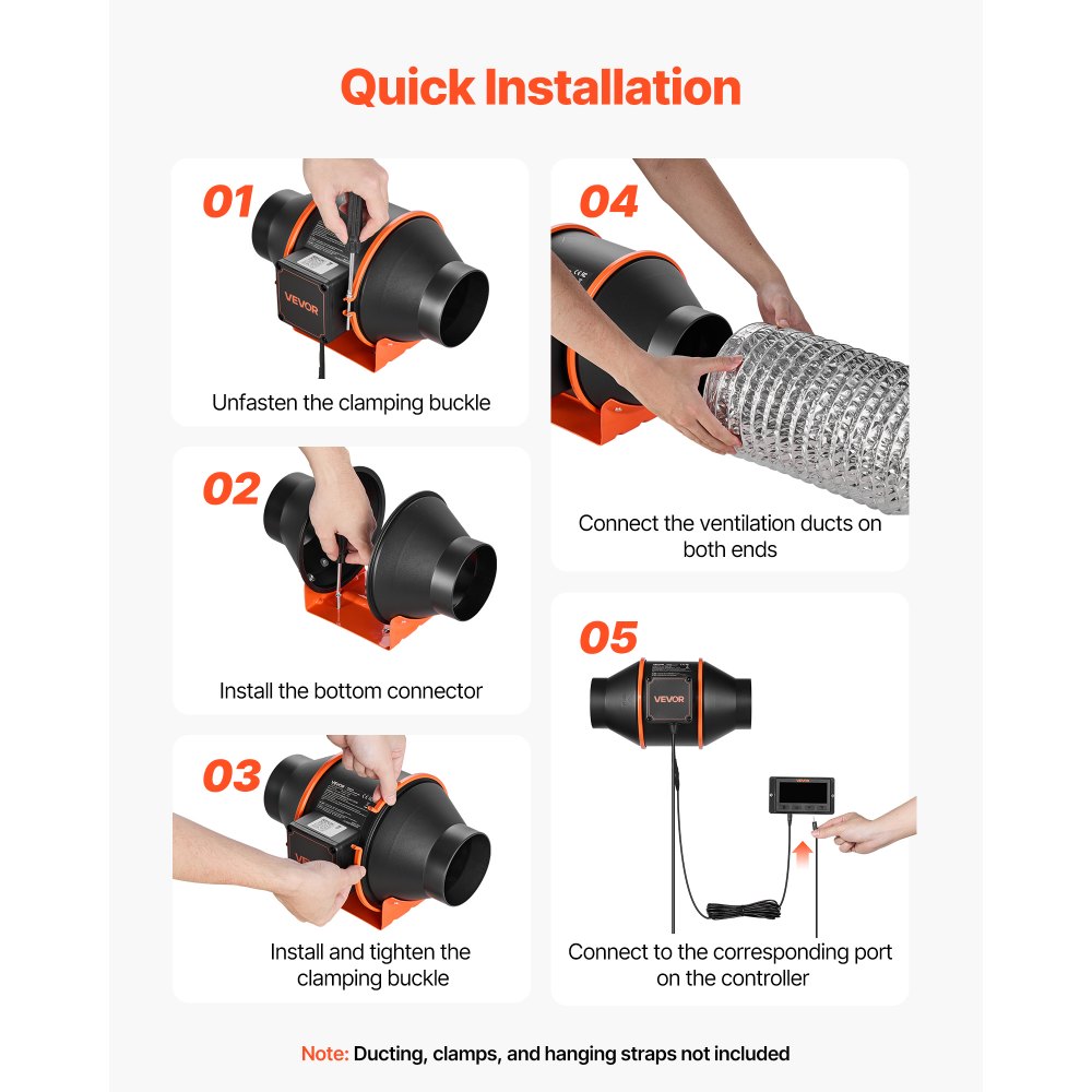 VEVOR Inline Duct Fan, 349m³/h 101.6mm EC Motor Exhaust Ventilation Fan with 10-Speed, PWM Controller, App Control, Temperature Humidity Sensor, Cooling for Grow Tent, Indoor Gardening, Hydroponics