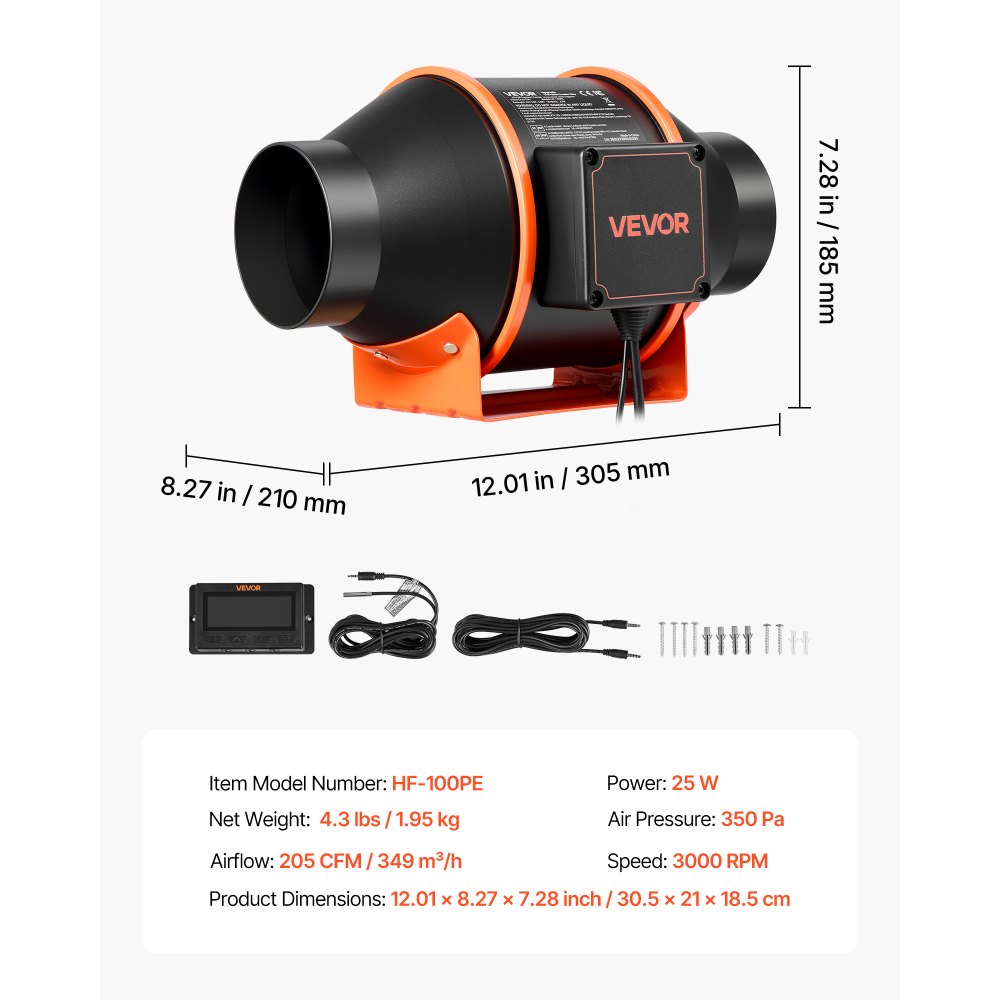 VEVOR Inline Duct Fan, 349m³/h 101.6mm EC Motor Exhaust Ventilation Fan with 10-Speed, PWM Controller, App Control, Temperature Humidity Sensor, Cooling for Grow Tent, Indoor Gardening, Hydroponics
