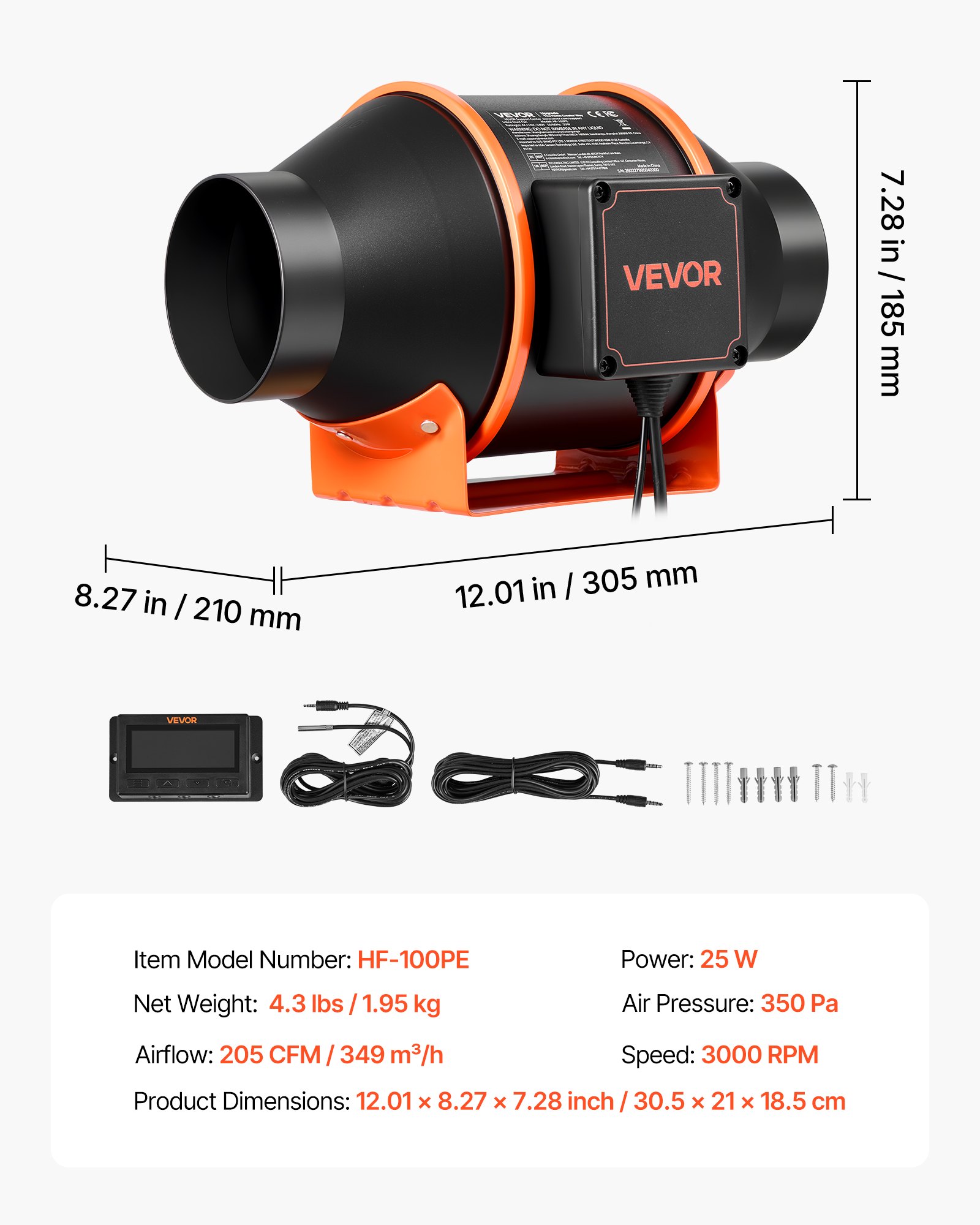VEVOR Inline Duct Fan, 349m³/h 101.6mm EC Motor Exhaust Ventilation Fan with 10-Speed, PWM Controller, App Control, Temperature Humidity Sensor, Cooling for Grow Tent, Indoor Gardening, Hydroponics