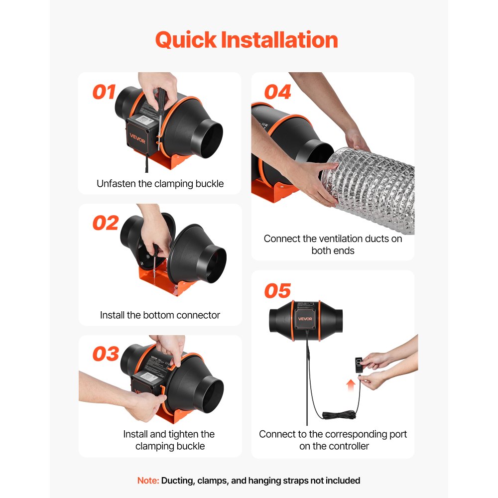 VEVOR Inline Duct Fan, 205 CFM 4 inch EC Motor Ventilation Fan with 3-Speed Circulation, 10-Speed PWM Controller, Timer-Controlled Operation, Cooling for Grow Tents, Indoor Gardening, Hydroponics