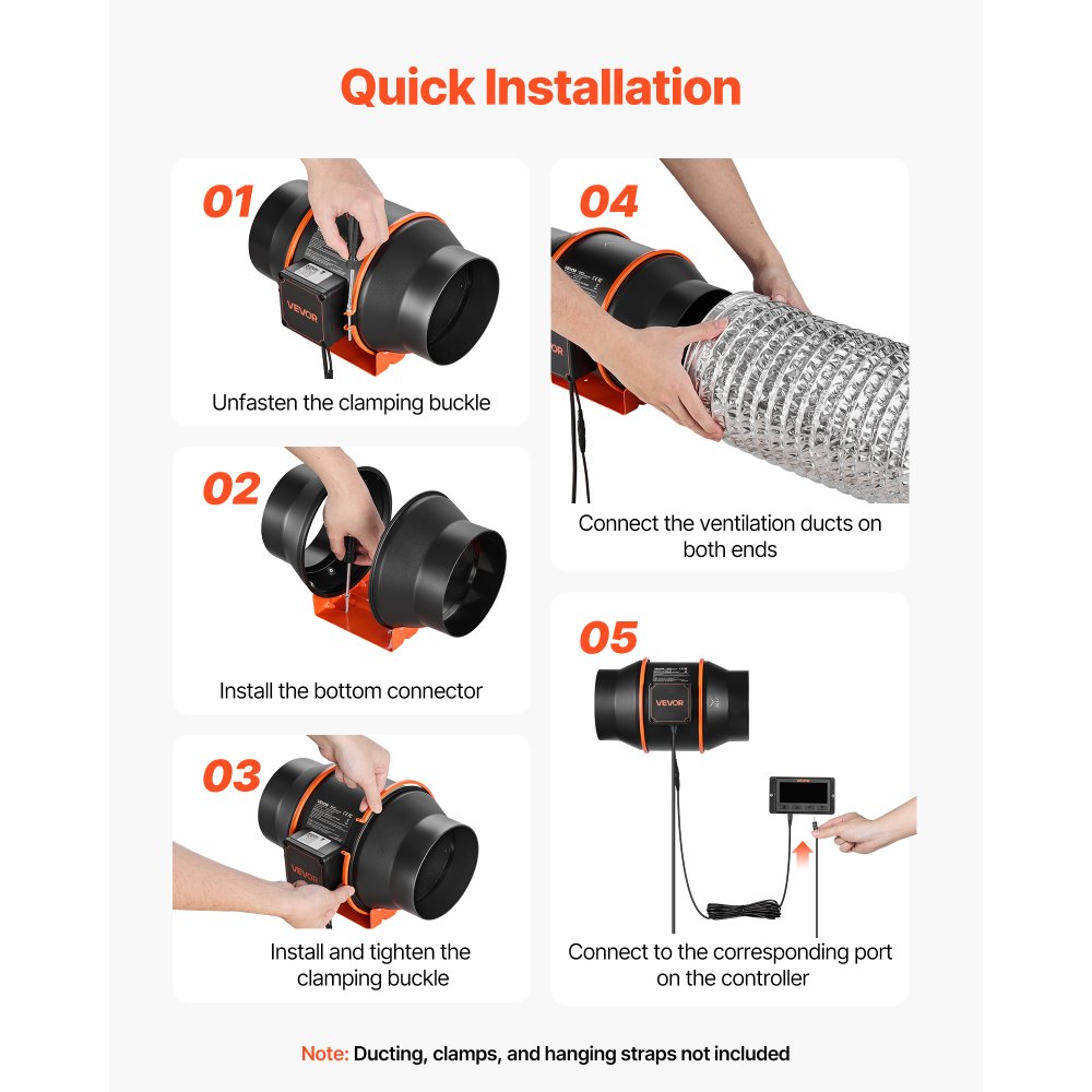 VEVOR Inline Duct Fan, 683m³/h 152.4mm EC Motor Exhaust Ventilation Fan with 10-Speed, PWM Controller, App Control, Temperature Humidity Sensor, Cooling for Grow Tent, Indoor Gardening, Hydroponics