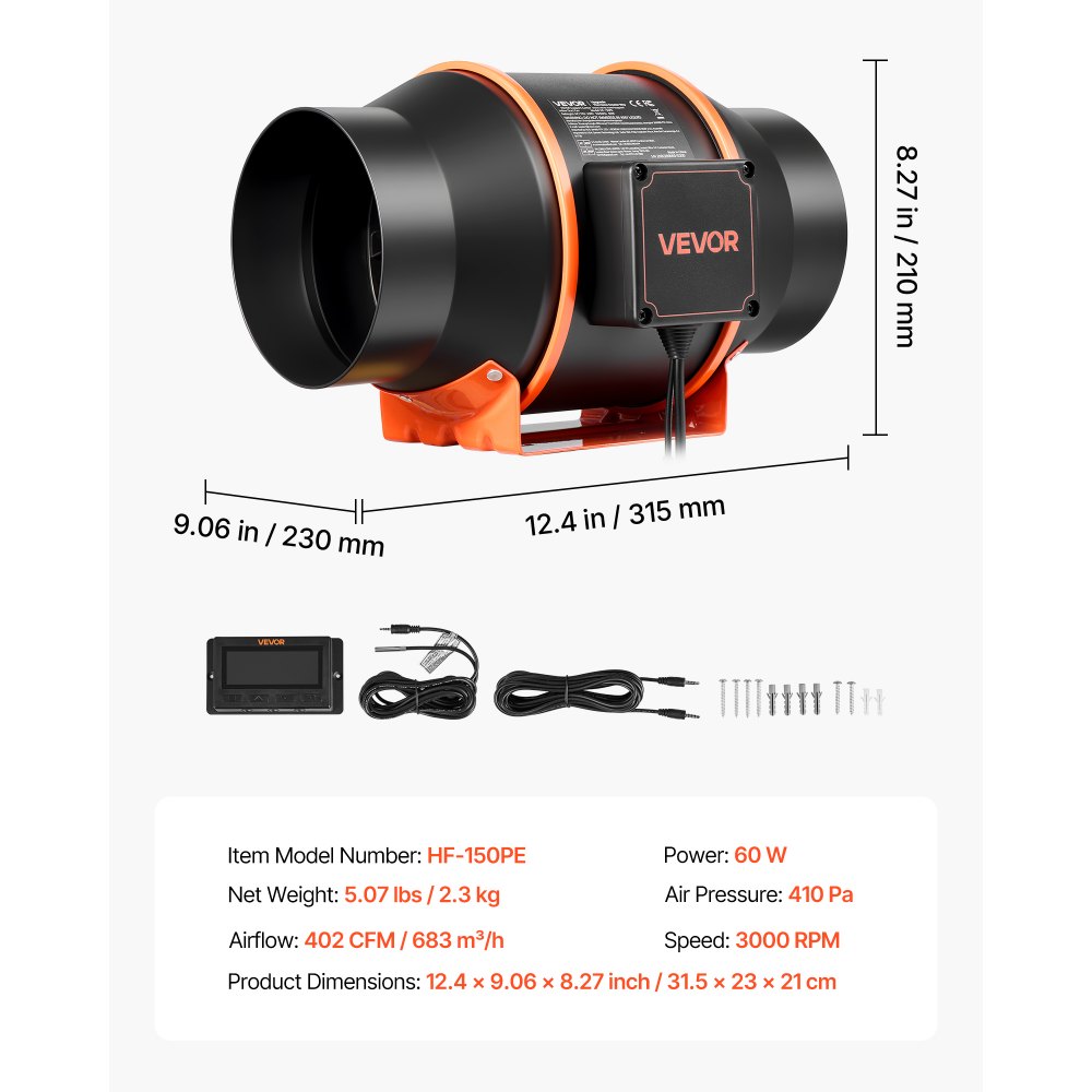 VEVOR Inline Duct Fan, 683m³/h 152.4mm EC Motor Exhaust Ventilation Fan with 10-Speed, PWM Controller, App Control, Temperature Humidity Sensor, Cooling for Grow Tent, Indoor Gardening, Hydroponics