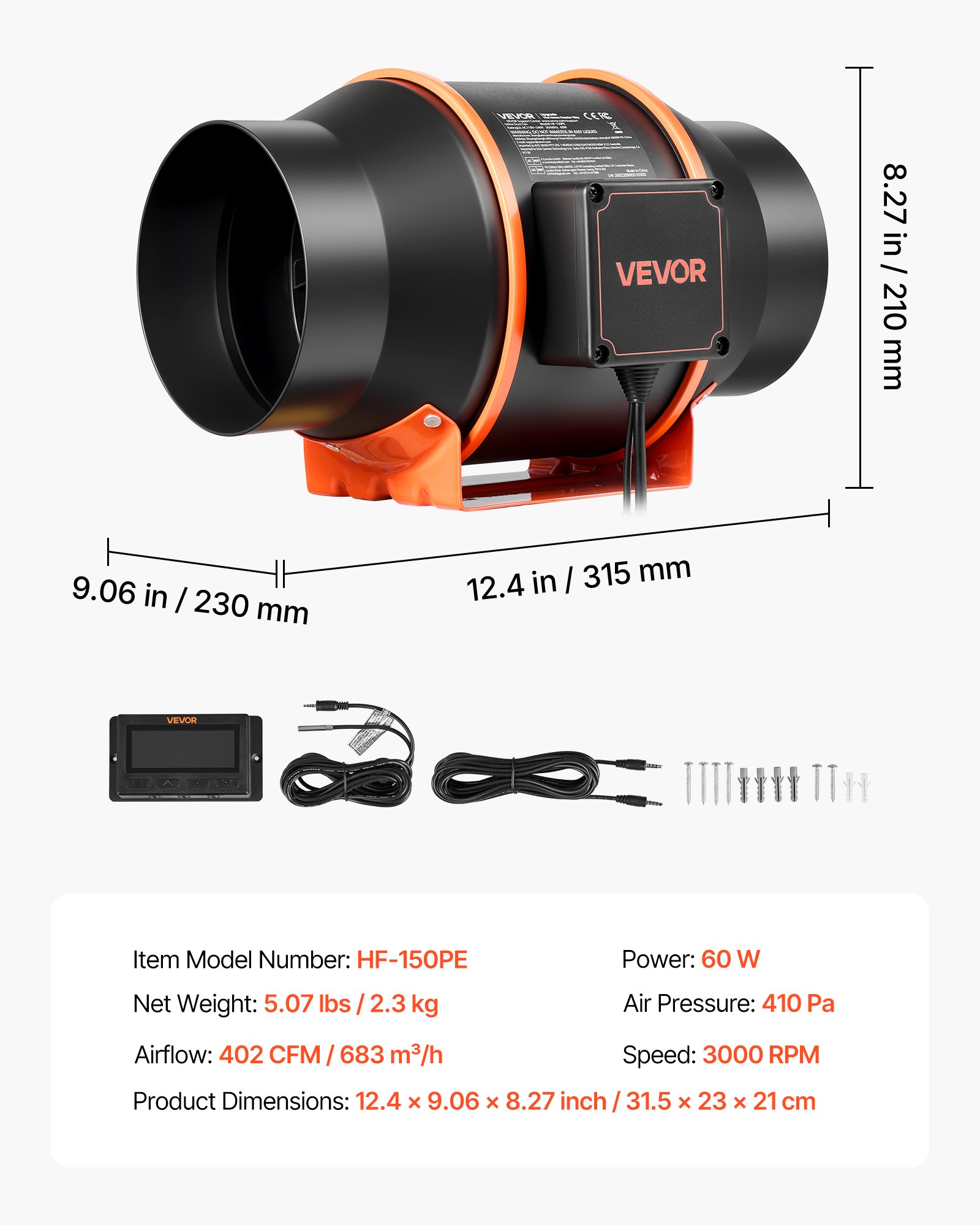 VEVOR Inline Duct Fan, 683m³/h 152.4mm EC Motor Exhaust Ventilation Fan with 10-Speed, PWM Controller, App Control, Temperature Humidity Sensor, Cooling for Grow Tent, Indoor Gardening, Hydroponics
