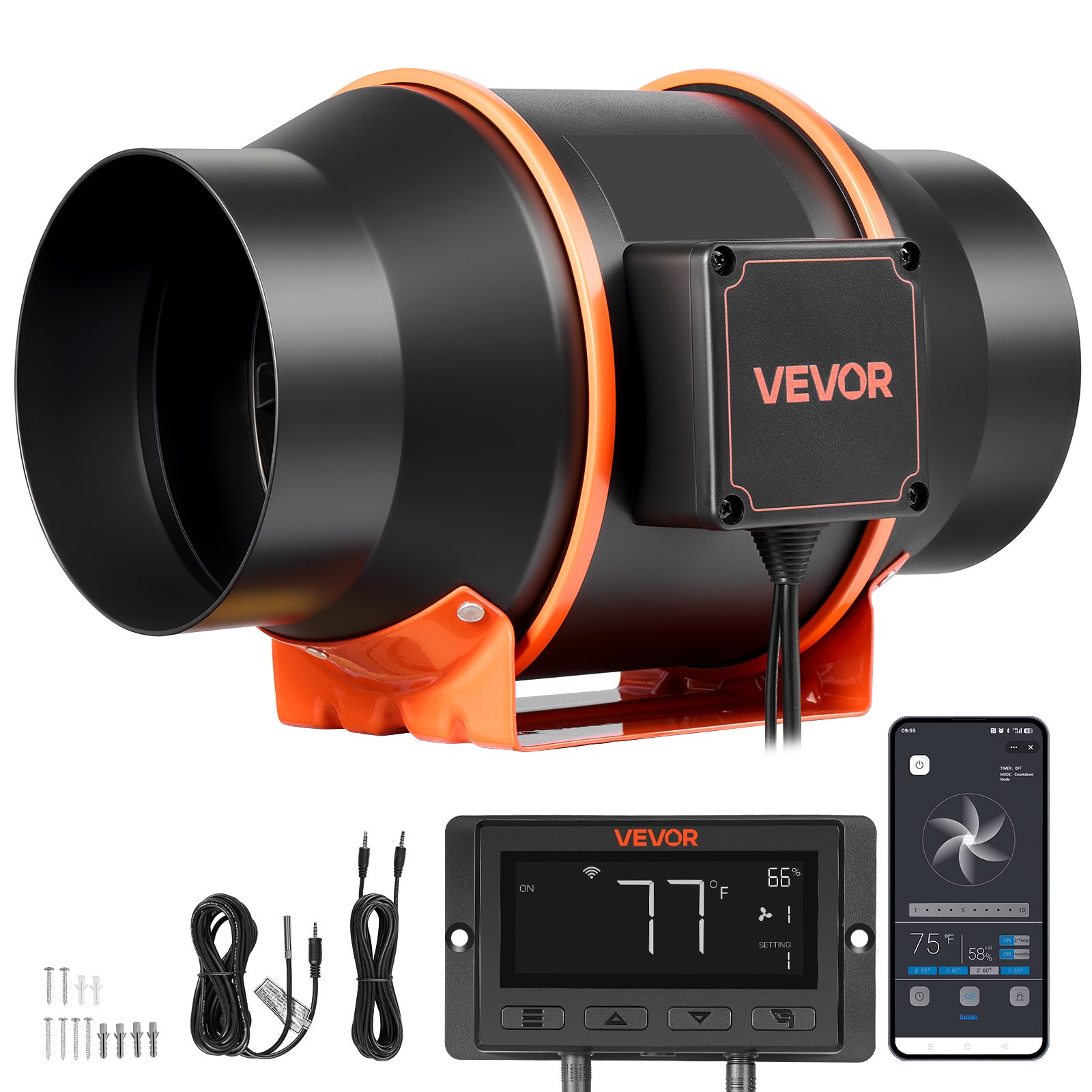 VEVOR Inline Duct Fan, 683m³/h 152.4mm EC Motor Exhaust Ventilation Fan with 10-Speed, PWM Controller, App Control, Temperature Humidity Sensor, Cooling for Grow Tent, Indoor Gardening, Hydroponics