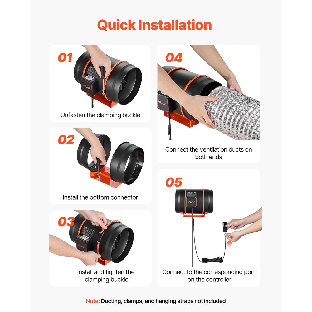 VEVOR Inline Duct Fan, 807 CFM 8 inch EC Motor Ventilation Fan with 3-Speed Circulation, 10-Speed PWM Controller, Timer-Controlled Operation, Cooling for Grow Tents, Indoor Gardening, Hydroponics