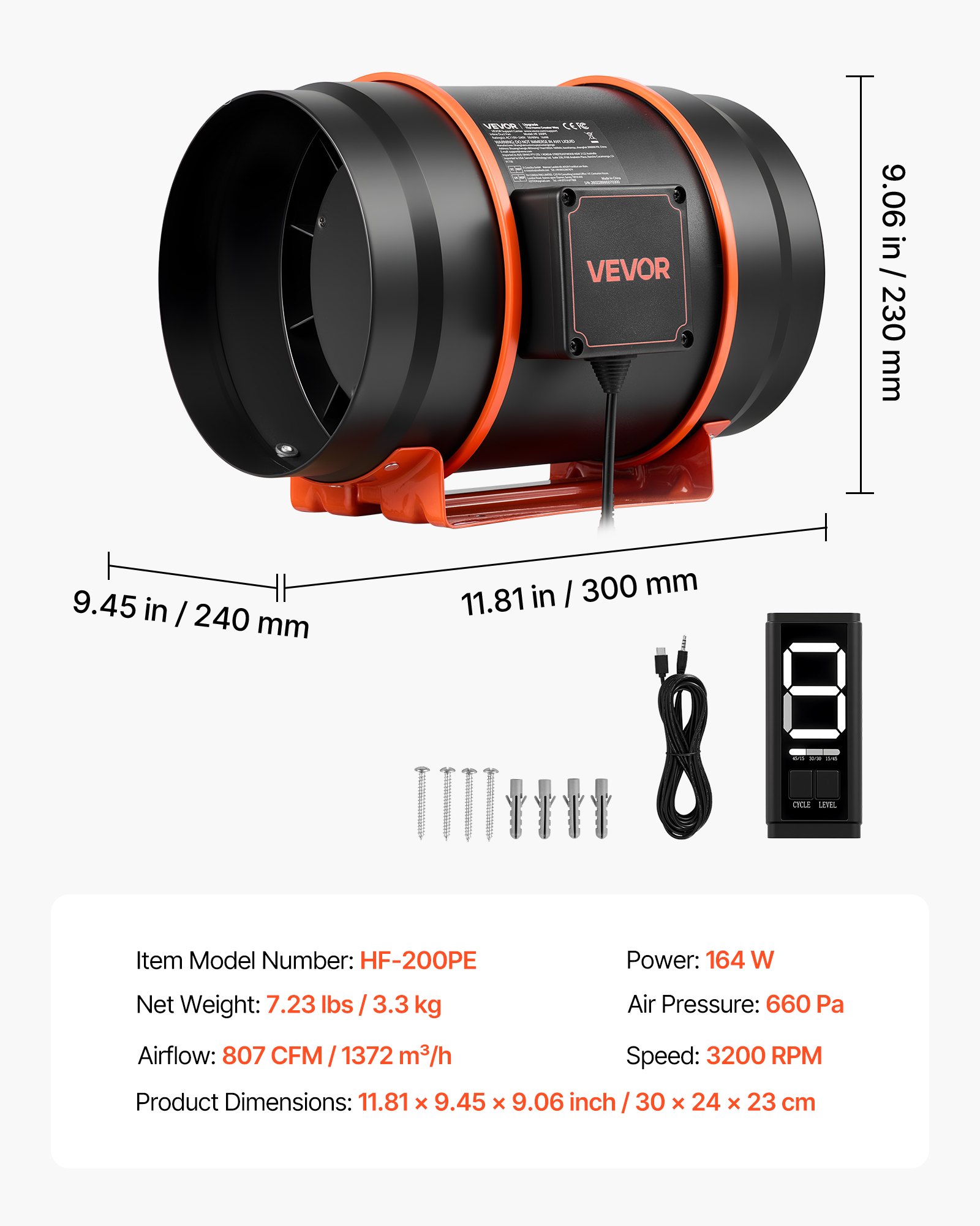 VEVOR Inline Duct Fan, 807 CFM 8 inch EC Motor Ventilation Fan with 3-Speed Circulation, 10-Speed PWM Controller, Timer-Controlled Operation, Cooling for Grow Tents, Indoor Gardening, Hydroponics