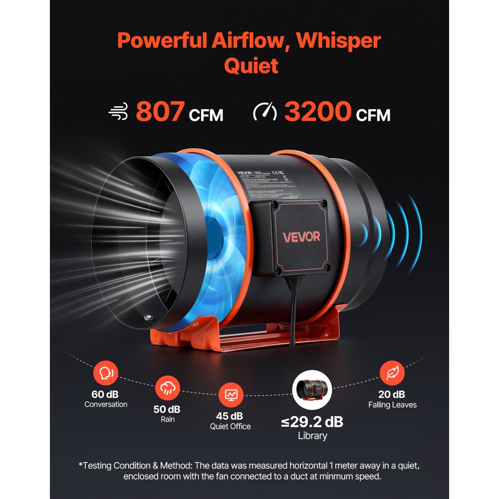 VEVOR Inline Duct Fan, 1372m³/h 203mm EC Motor Exhaust Ventilation Fan with 10-Speed, PWM Controller, App Control, Temperature Humidity Sensor, Cooling for Grow Tent, Indoor Gardening, Hydroponics