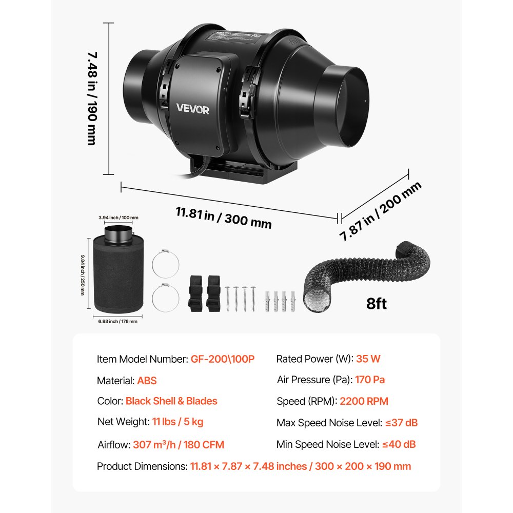 VEVOR 4" Air Filtration Kit, 180 CFM  Inline Duct Fan with Speed Controller, Carbon Filter & Ducting Ventilation System for Heating Cooling Booster, Grow Tents, Hydroponics