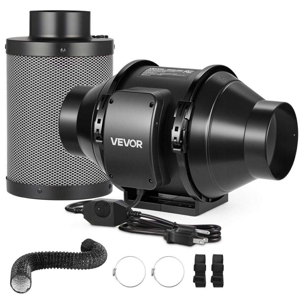 VEVOR 4" Air Filtration Kit, 180 CFM  Inline Duct Fan with Speed Controller, Carbon Filter & Ducting Ventilation System for Heating Cooling Booster, Grow Tents, Hydroponics