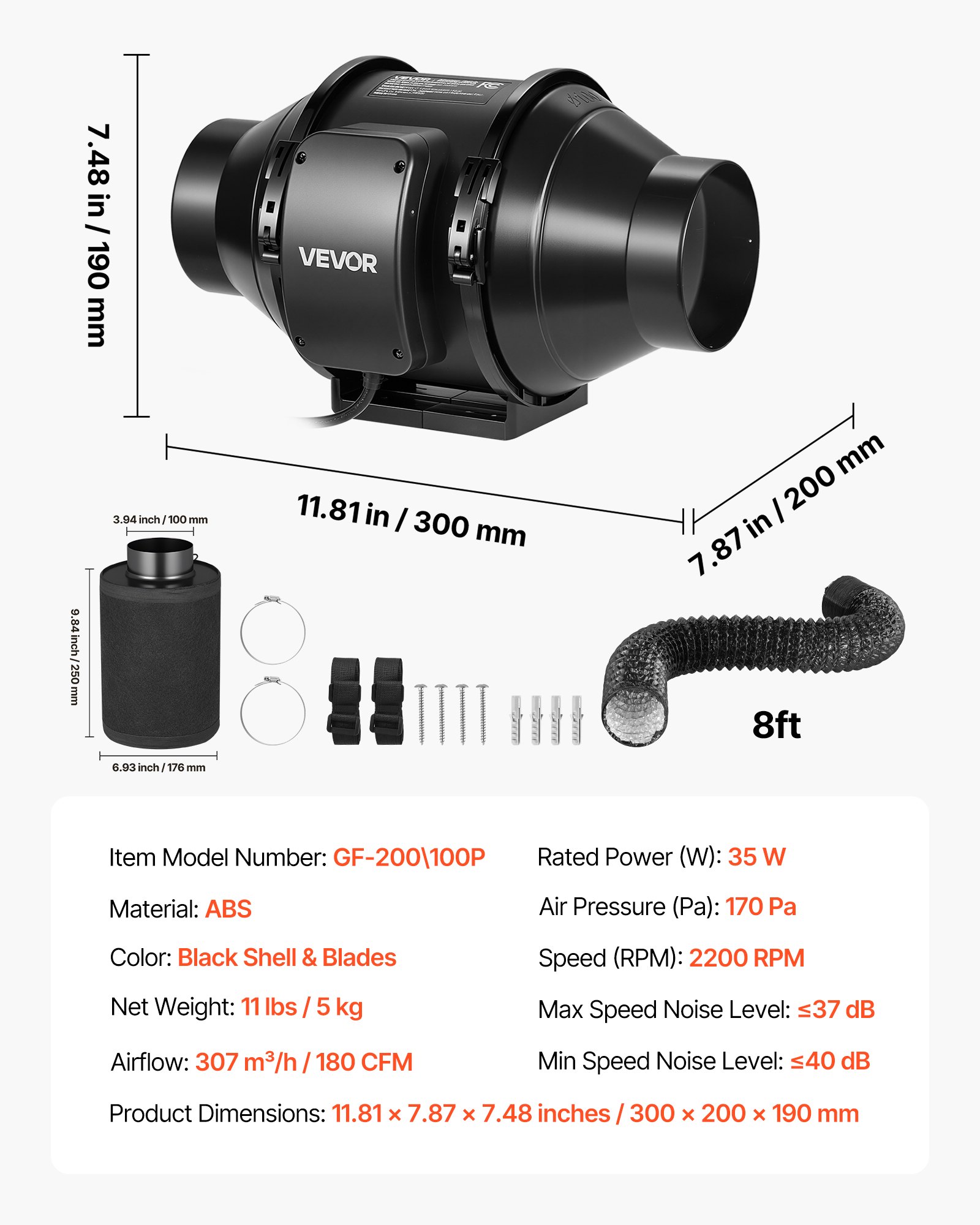 VEVOR 4" Air Filtration Kit, 180 CFM  Inline Duct Fan with Speed Controller, Carbon Filter & Ducting Ventilation System for Heating Cooling Booster, Grow Tents, Hydroponics
