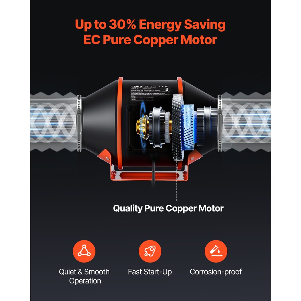 VEVOR Inline Duct Fan Kit Carbon Filter, 349 m³/h 101.6 mm EC Motor Exhaust Ventilation Fan with 10-Speed, PWM Controller, App Control, Timer, Cooling for Grow Tent, Indoor Gardening, Hydroponics
