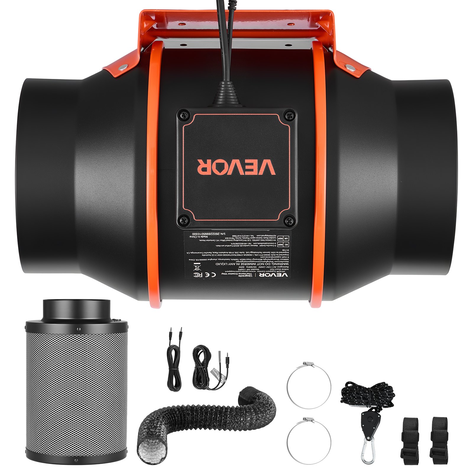 VEVOR Inline Duct Fan Kit Carbon Filter, 683 m³/h 152.4 mm EC Motor Exhaust Ventilation Fan with 10-Speed, PWM Controller, App Control, Timer, Cooling for Grow Tent, Indoor Gardening, Hydroponics