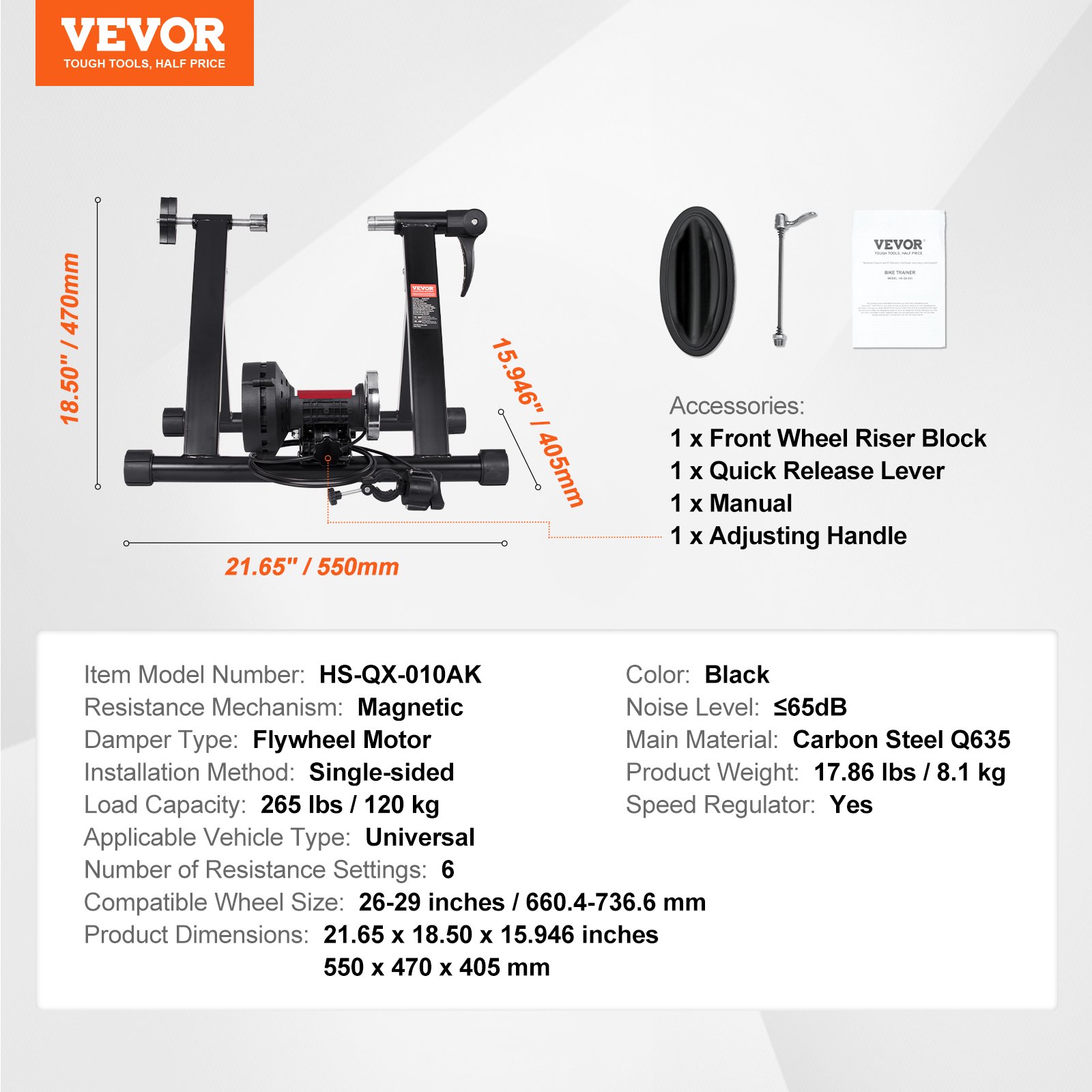 VEVOR Bike Trainer Stand, Magnetic Stationary Bike Stand for 26"-29" Wheels, 6 Resistance Settings, Noise Reduction Flywheel Motor, for Indoor Riding Exercise, Quick-Release Lever & Front Wheel Riser