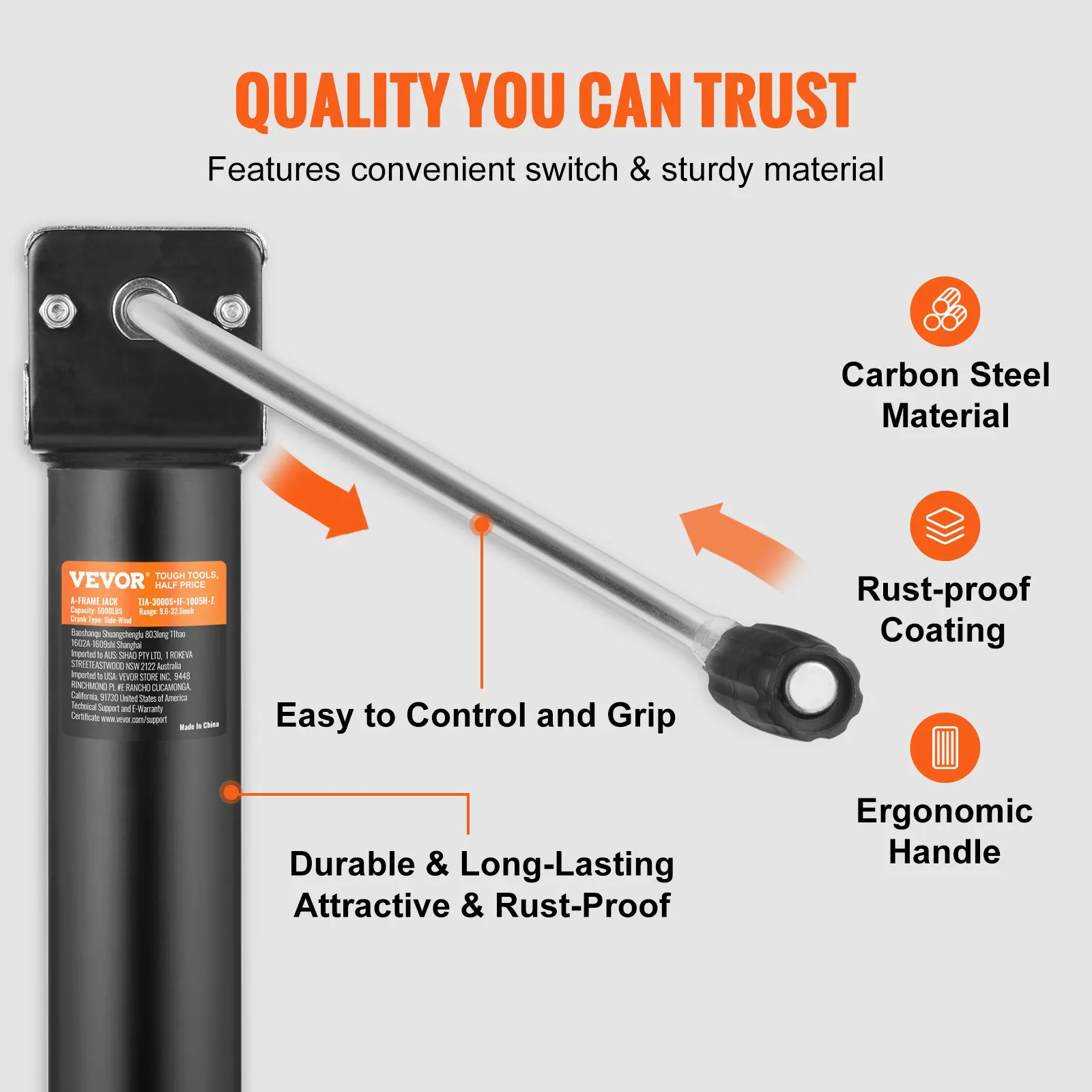 VEVOR Trailer Jack, Trailer Tongue Jack A-frame Bolt on Weight Capacity 5000 lb, Trailer Jack Stand with Handle for Lifting RV Trailer, Horse Trailer, Utility Trailer, Yacht Trailer