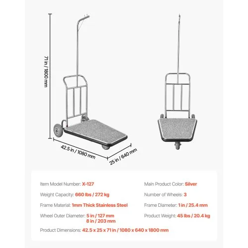 Hotelli pagasikäru 272 kg, 3 rattaga, Ø 127/203 mm rattad — pilt 7