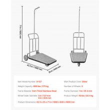 VEVOR Luggage Cart 600 LBS 3 Wheel Stainless Steel Finish Bellman's Cart