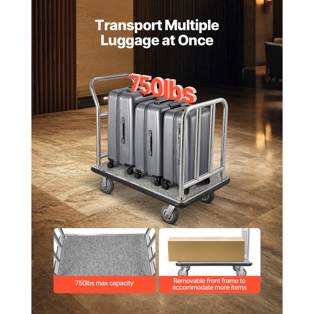 VEVOR Hotel Luggage Cart, 750 LBS Load Capacity, Deluxe Platform Truck with Removable Front Frame, Valet Cart with Grey Carpeted Deck and 6-inch Rubber Wheels, Ideal for Hotels, Condos, Resorts