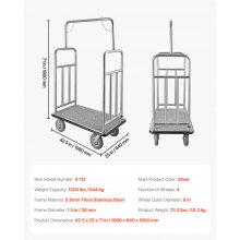 VEVOR Hotel Luggage Cart 1200 LBS Brushed Stainless Steel Finish Bellman's Cart