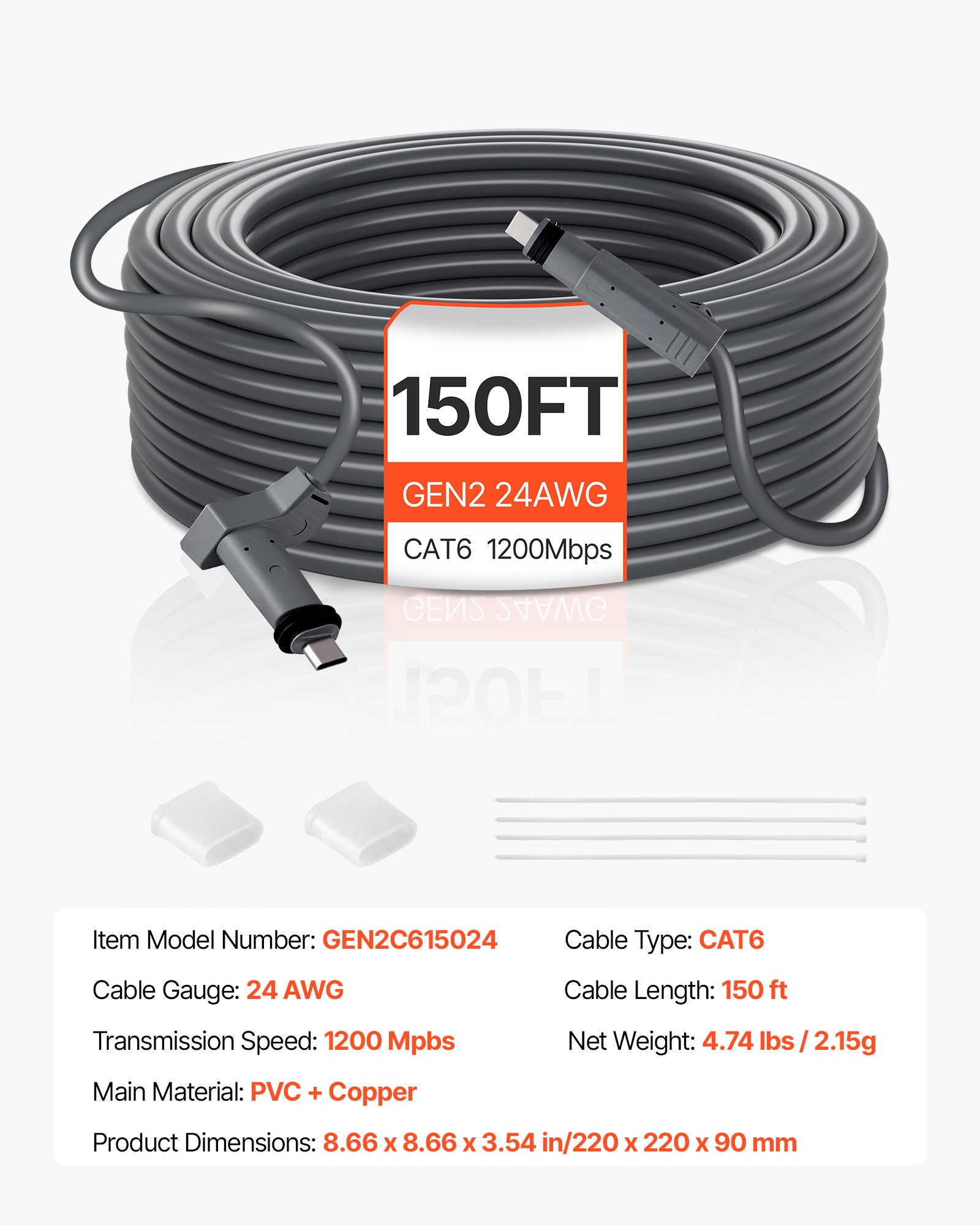 VEVOR Starlink Gen 2 Cable 150 FT / 45.72 m Extension Cable Standard Generation 2 1200 Mps 24 AWG / 0.25 mm²