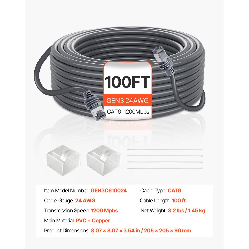 VEVOR Starlink Gen 3 Cable 100 FT / 30.48 m Extension Cable Standard Generation 3 1200 Mps 24 AWG / 0.25 mm²