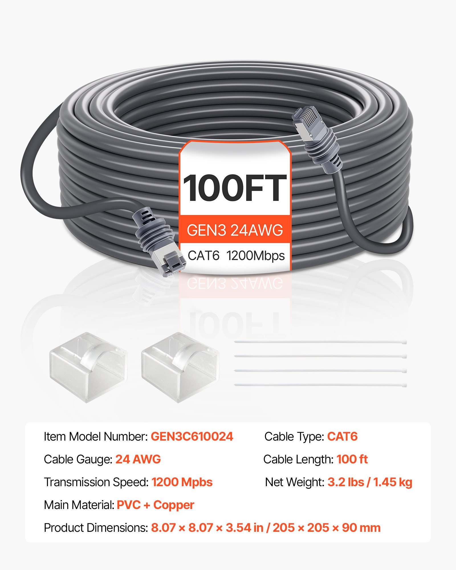 VEVOR Starlink Gen 3 Cable 100 FT / 30.48 m Extension Cable Standard Generation 3 1200 Mps 24 AWG / 0.25 mm²