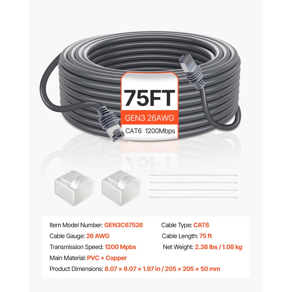 VEVOR Starlink Gen 3 Cable 75 FT / 22.86 m Extension Cable Standard Generation 3 1200 Mps 26 AWG / 0.15 mm²
