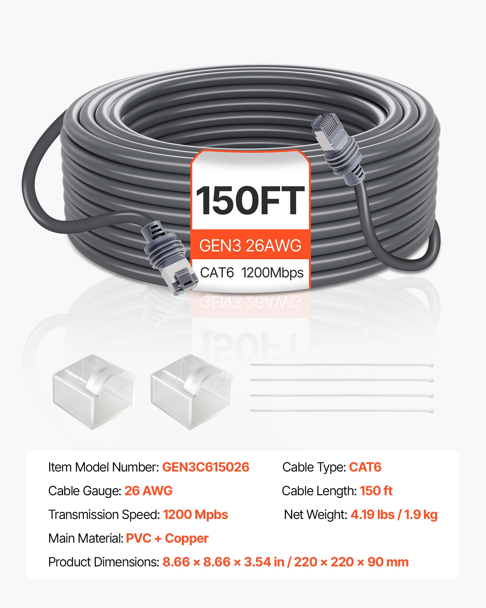 VEVOR Starlink Gen 3 Cable 150 FT / 45.72 m Extension Cable Standard Generation 3 1200 Mps 26 AWG / 0.15 mm²