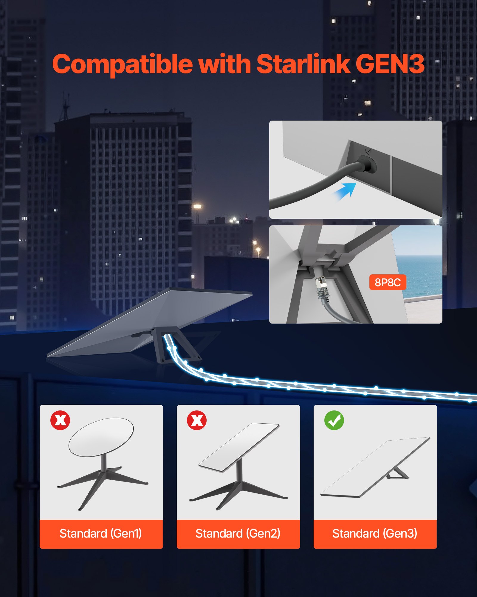 VEVOR Starlink Gen 3 Cable 100 FT / 30.48 m Extension Cable Standard Generation 3 1200 Mps 26 AWG / 0.15 mm²