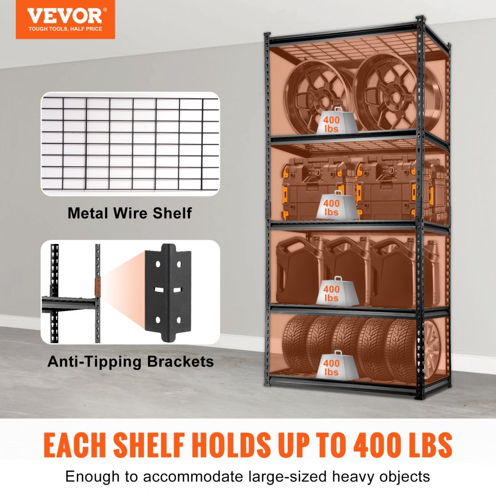 VEVOR Storage Shelving Unit with Wheels 4-Tier Adjustable 700 lbs Capacity Heavy Duty Garage Shelves Metal Organizer Wire Rack Black 47.2 L x 17.7