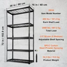 VEVOR Storage Shelving Unit, 5-Tier Adjustable, 2000 lbs Capacity, Heavy Duty Garage Shelves Metal Organizer Wire Rack, Black, 36" L x 16" W x 72" H for Kitchen Pantry Basement Bathroom Laundry Closet