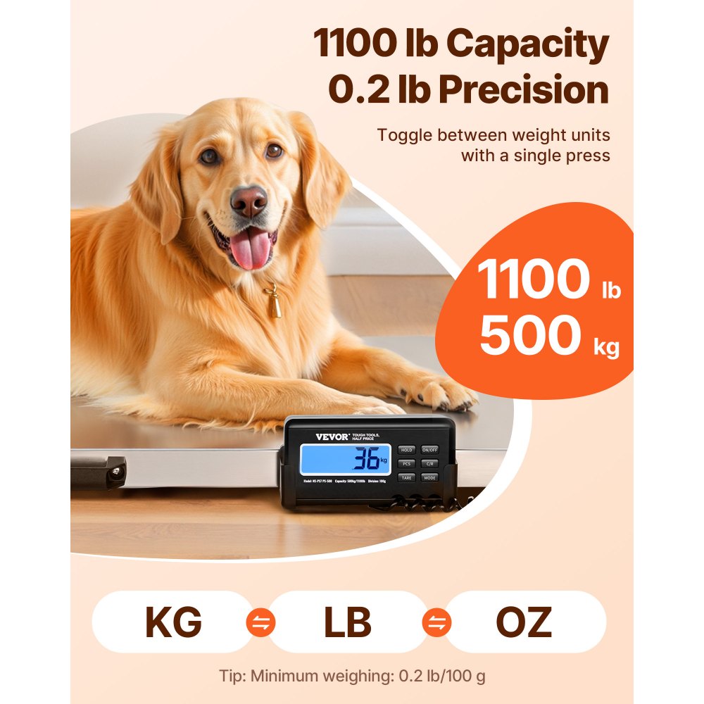 VEVOR 1100Lbs x 0.2Lbs Digital Livestock Scale Large Pet Vet Scale Stainless Steel Platform Electronic Postal Shipping Scale Heavy Duty Large Dog Hog Sheep Goat Pig Sheep Scale