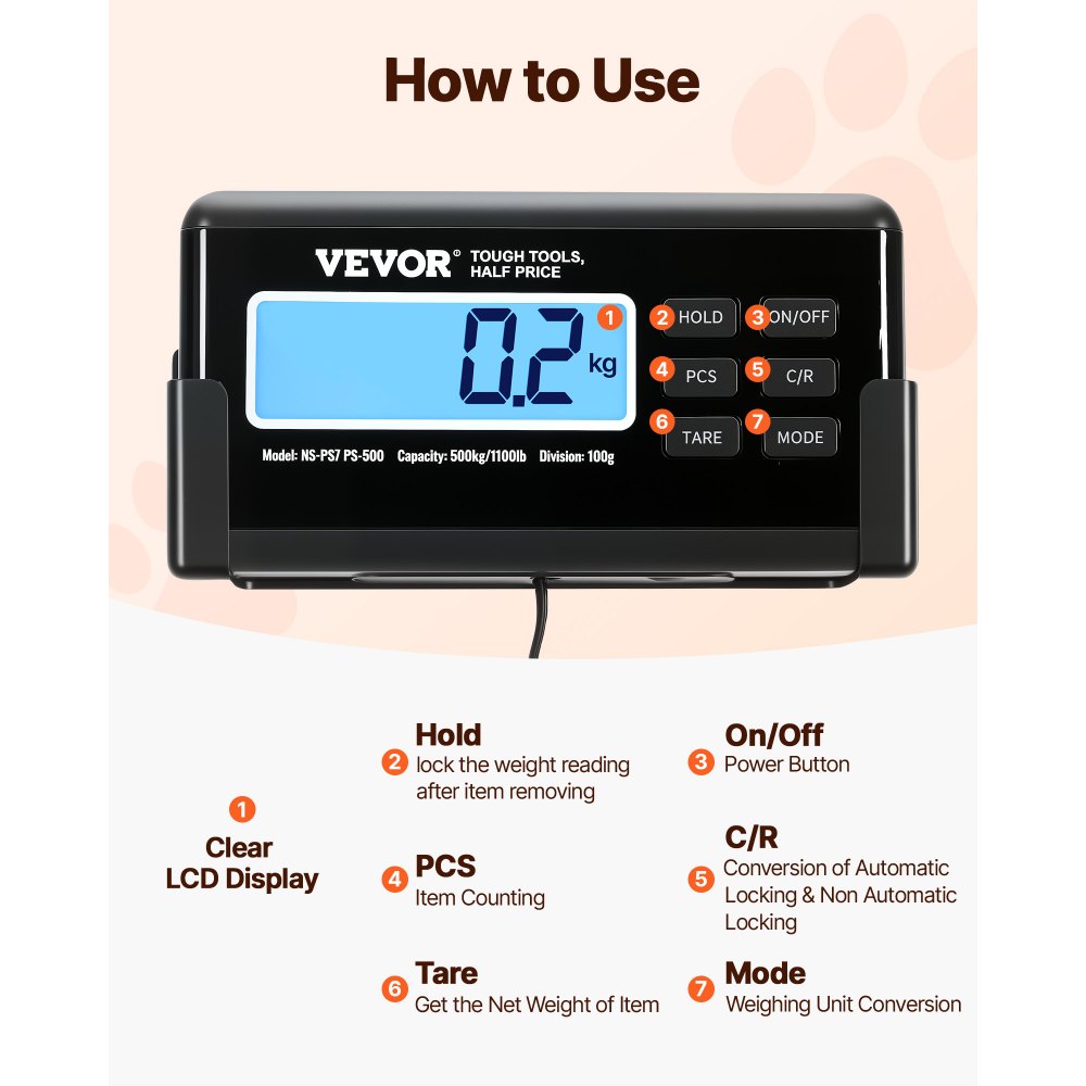 VEVOR 1100Lbs x 0.2Lbs Digital Livestock Scale Large Pet Vet Scale Stainless Steel Platform Electronic Postal Shipping Scale Heavy Duty Large Dog Hog Sheep Goat Pig Sheep Scale