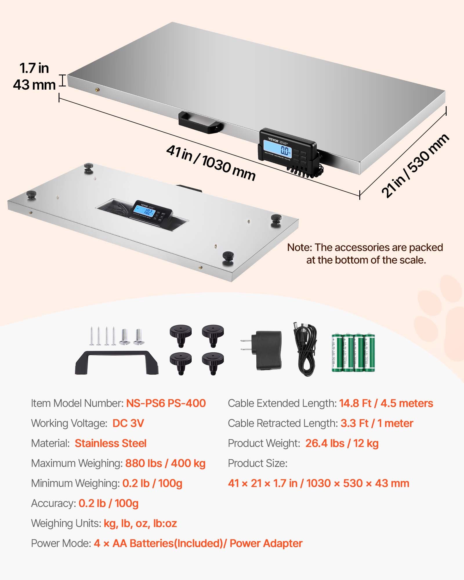 VEVOR Livestock Scale 700LBS, Dog Scales Large Platform 40.6x20.9Inch Stainless Steel Vet Scale Industrial Floor Scale Large Animal Scale  Pig Scale Goat Weight Scale Pet Digital Scale