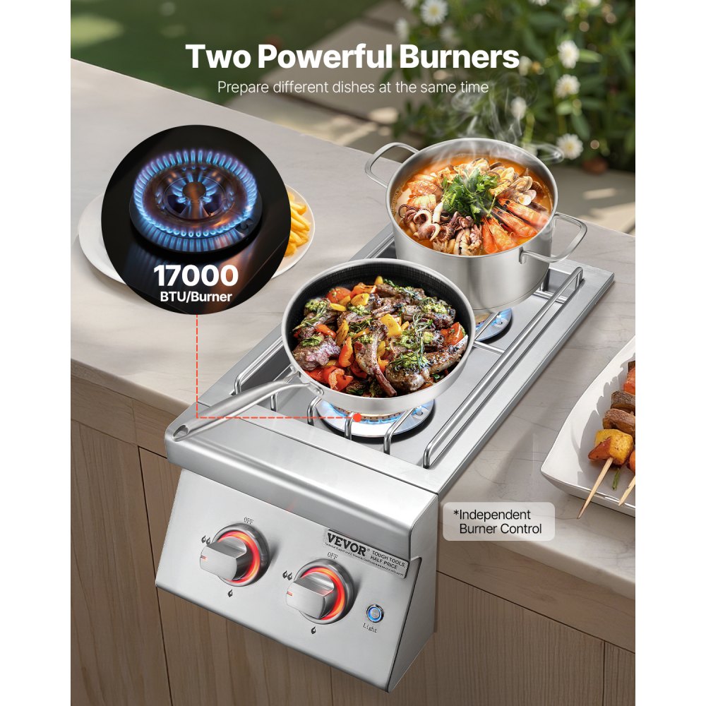 VEVOR Double Grilling Side Burners, 2 x 17,000BTU Liquid Propane Side Burner for Outdoor Kitchen, Convertible to Natural Gas, 304 Stainless Steel Built-in Double Burners with LED for BBQ Grill Island