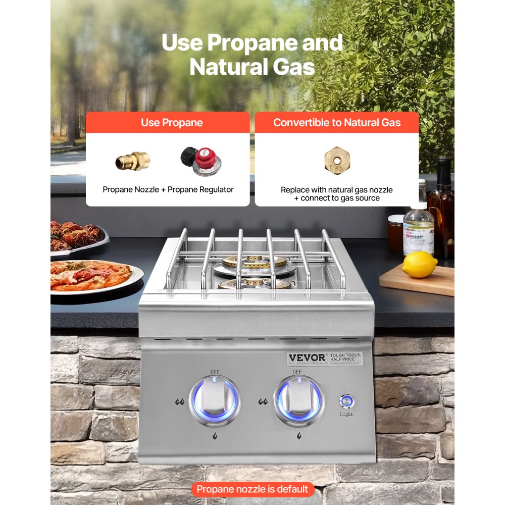 VEVOR Double Grilling Side Burners, 2 x 17,000BTU Liquid Propane Side Burner for Outdoor Kitchen, Convertible to Natural Gas, 304 Stainless Steel Built-in Double Burners with LED for BBQ Grill Island