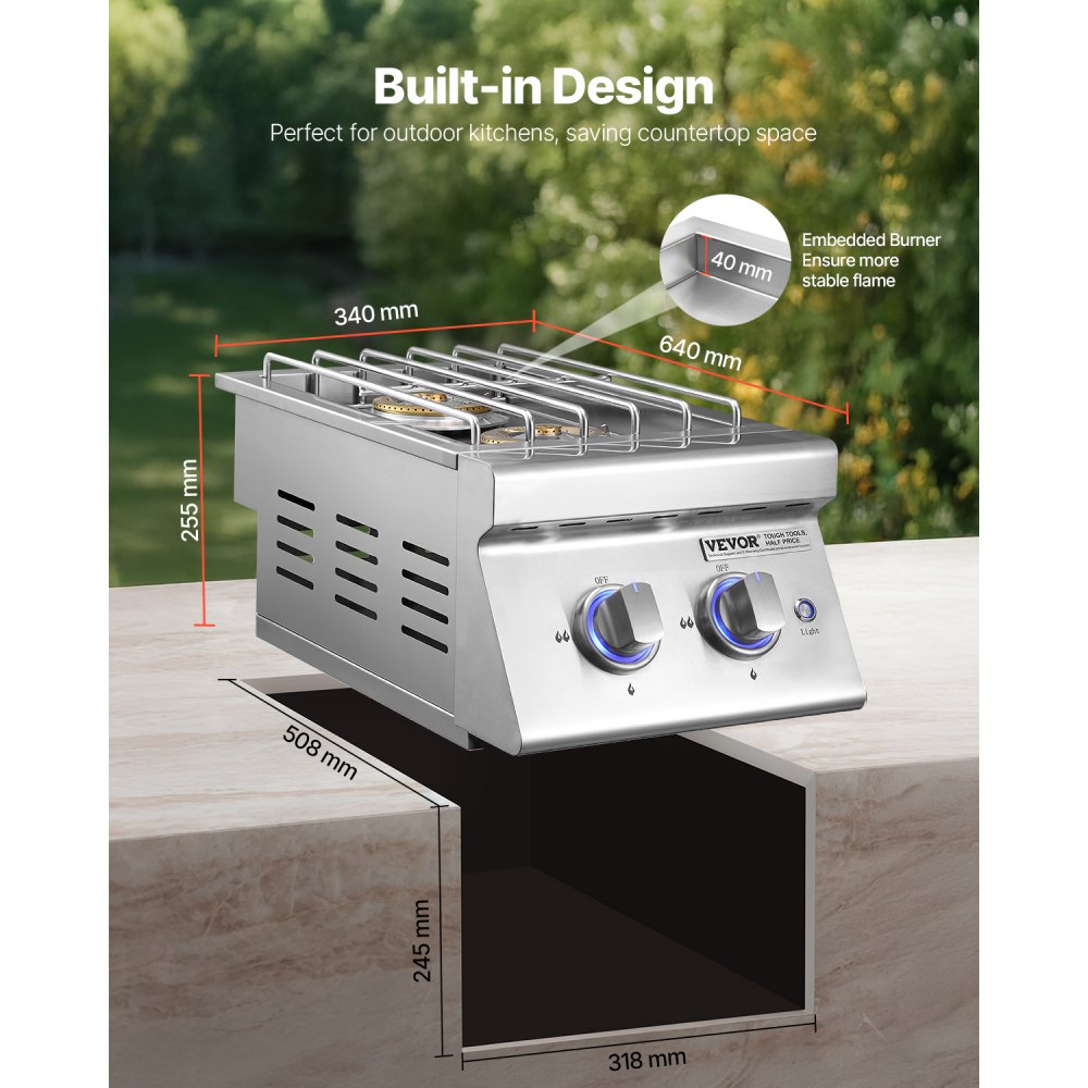 VEVOR Double Grilling Side Burners, 2 x 17,000BTU Liquid Propane Side Burner for Outdoor Kitchen, Convertible to Natural Gas, 304 Stainless Steel Built-in Double Burners with LED for BBQ Grill Island