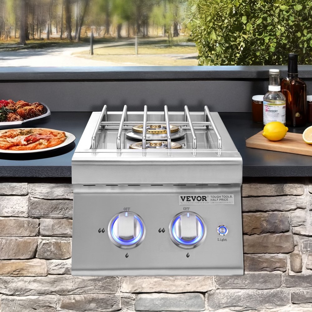 VEVOR Double Grilling Side Burners, 2 x 17,000BTU Liquid Propane Side Burner for Outdoor Kitchen, Convertible to Natural Gas, 304 Stainless Steel Built-in Double Burners with LED for BBQ Grill Island