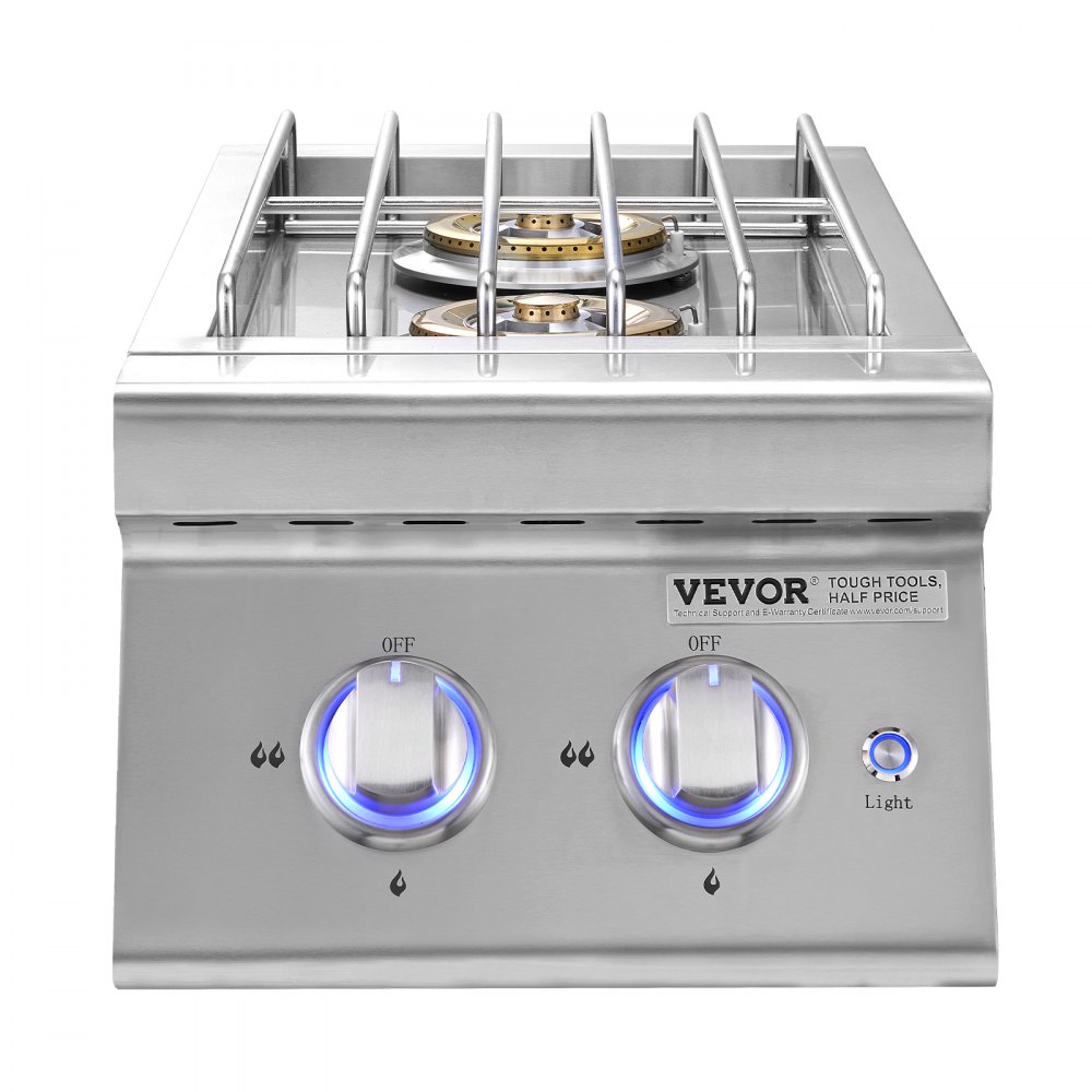 VEVOR Double Grilling Side Burners, 2 x 17,000BTU Liquid Propane Side Burner for Outdoor Kitchen, Convertible to Natural Gas, 304 Stainless Steel Built-in Double Burners with LED for BBQ Grill Island