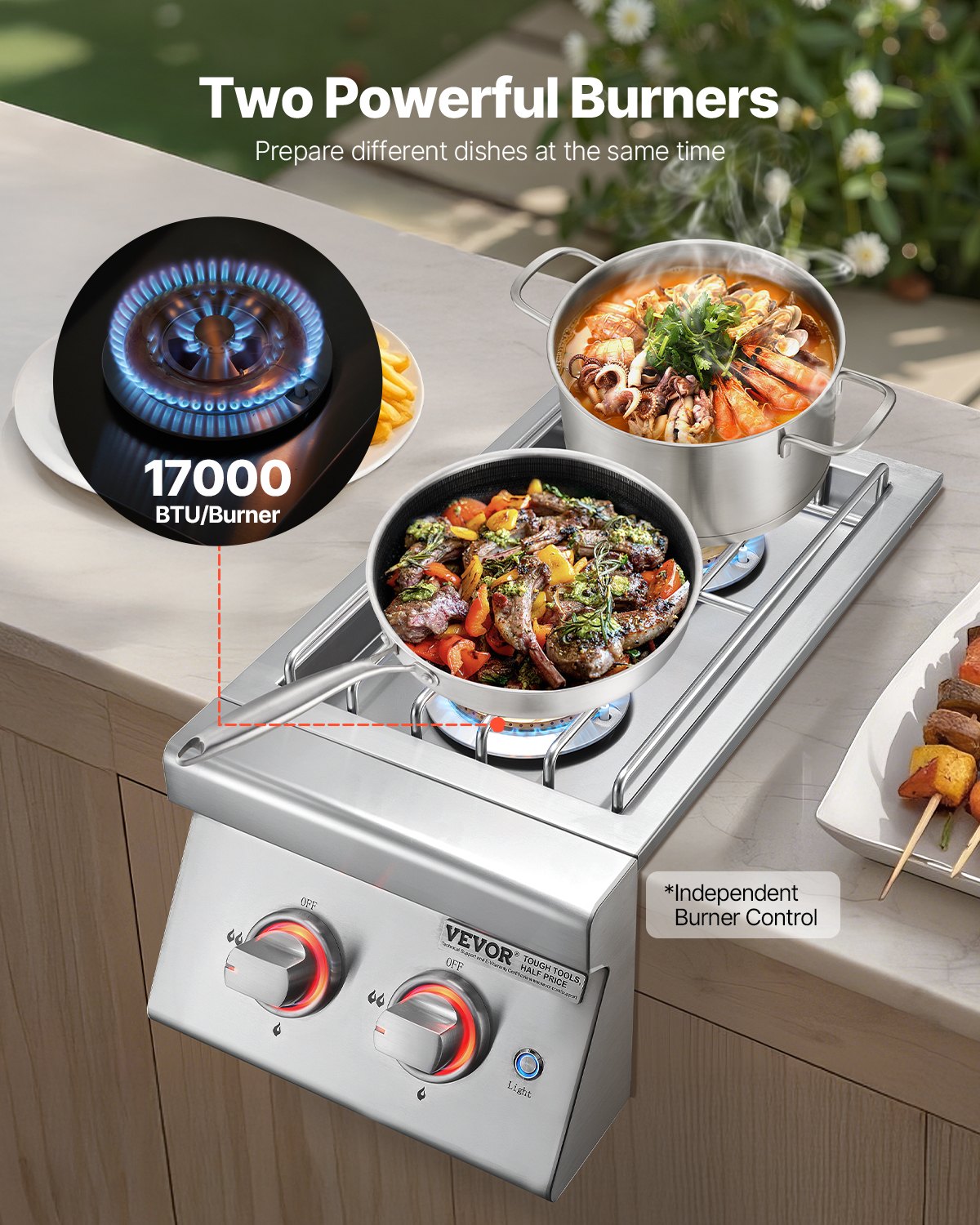 VEVOR Double Grilling Side Burners, 2 x 17,000BTU Liquid Propane Side Burner for Outdoor Kitchen, Convertible to Natural Gas, 304 Stainless Steel Built-in Double Burners with LED for BBQ Grill Island