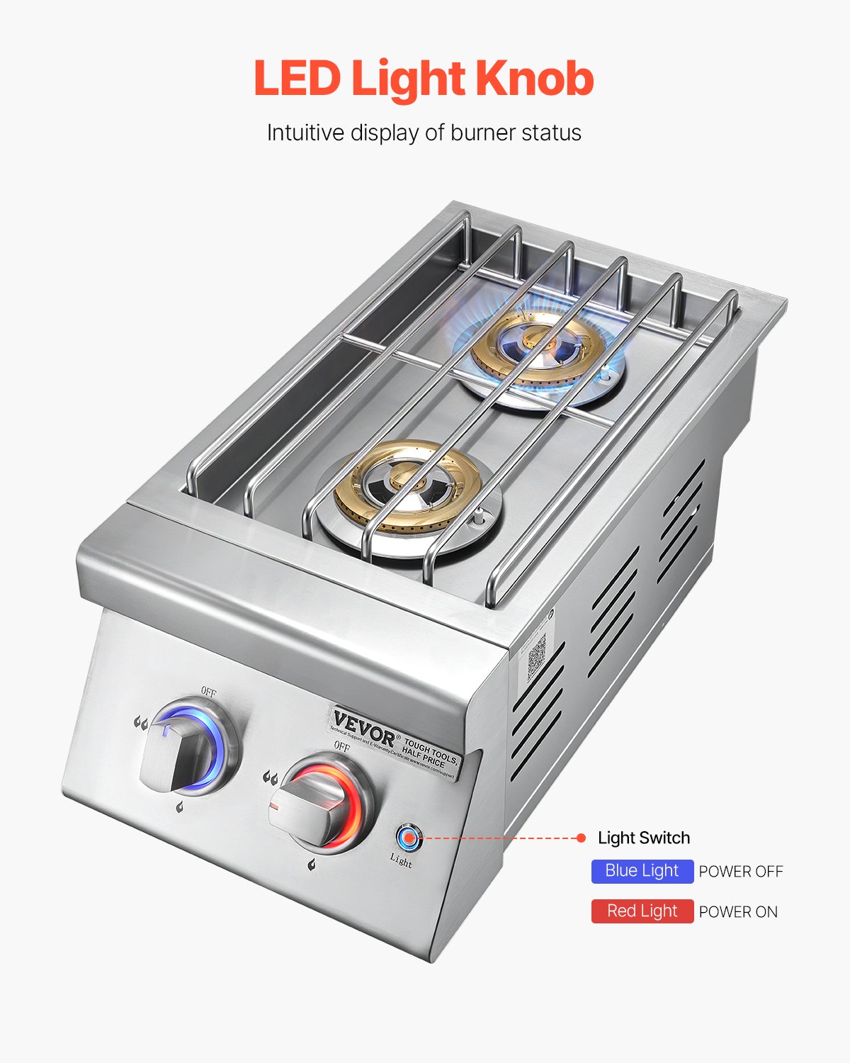 VEVOR Double Grilling Side Burners, 2 x 17,000BTU Liquid Propane Side Burner for Outdoor Kitchen, Convertible to Natural Gas, 304 Stainless Steel Built-in Double Burners with LED for BBQ Grill Island