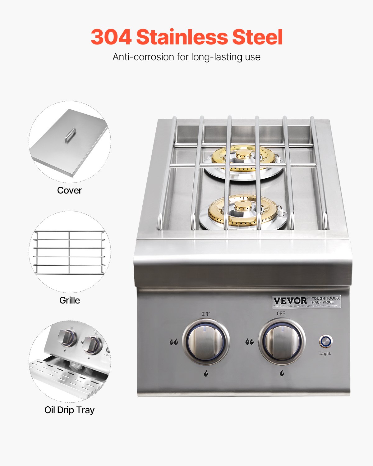 VEVOR Double Grilling Side Burners, 2 x 17,000BTU Liquid Propane Side Burner for Outdoor Kitchen, Convertible to Natural Gas, 304 Stainless Steel Built-in Double Burners with LED for BBQ Grill Island