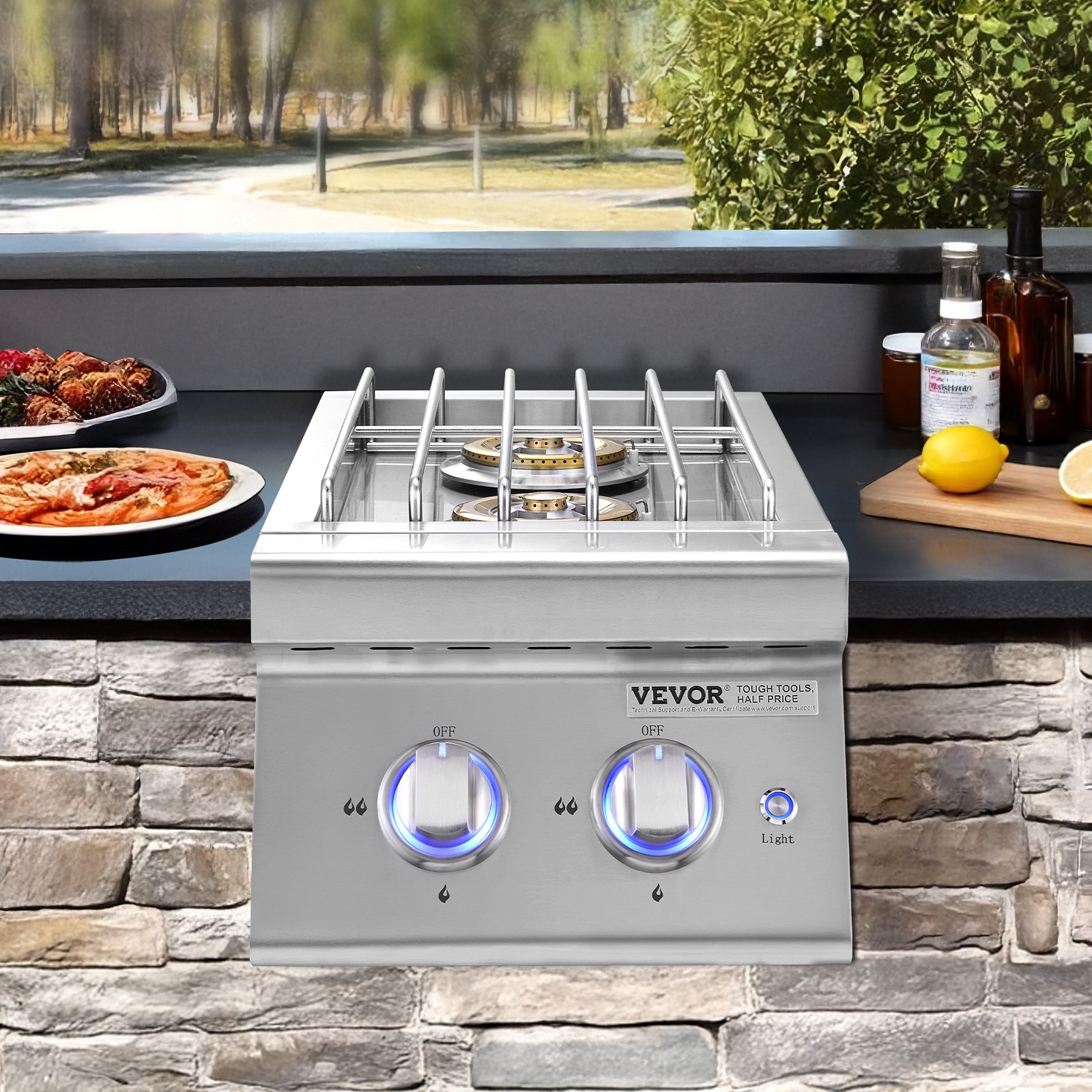 VEVOR Double Grilling Side Burners, 2 x 17,000BTU Liquid Propane Side Burner for Outdoor Kitchen, Convertible to Natural Gas, 304 Stainless Steel Built-in Double Burners with LED for BBQ Grill Island