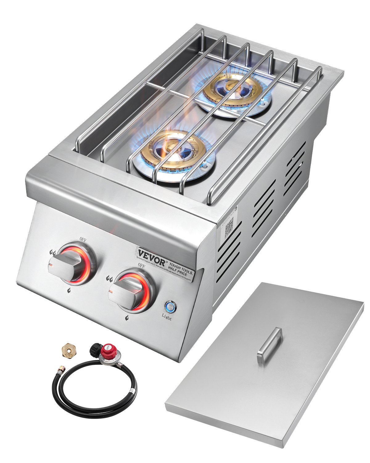 VEVOR Double Grilling Side Burners, 2 x 17,000BTU Liquid Propane Side Burner for Outdoor Kitchen, Convertible to Natural Gas, 304 Stainless Steel Built-in Double Burners with LED for BBQ Grill Island