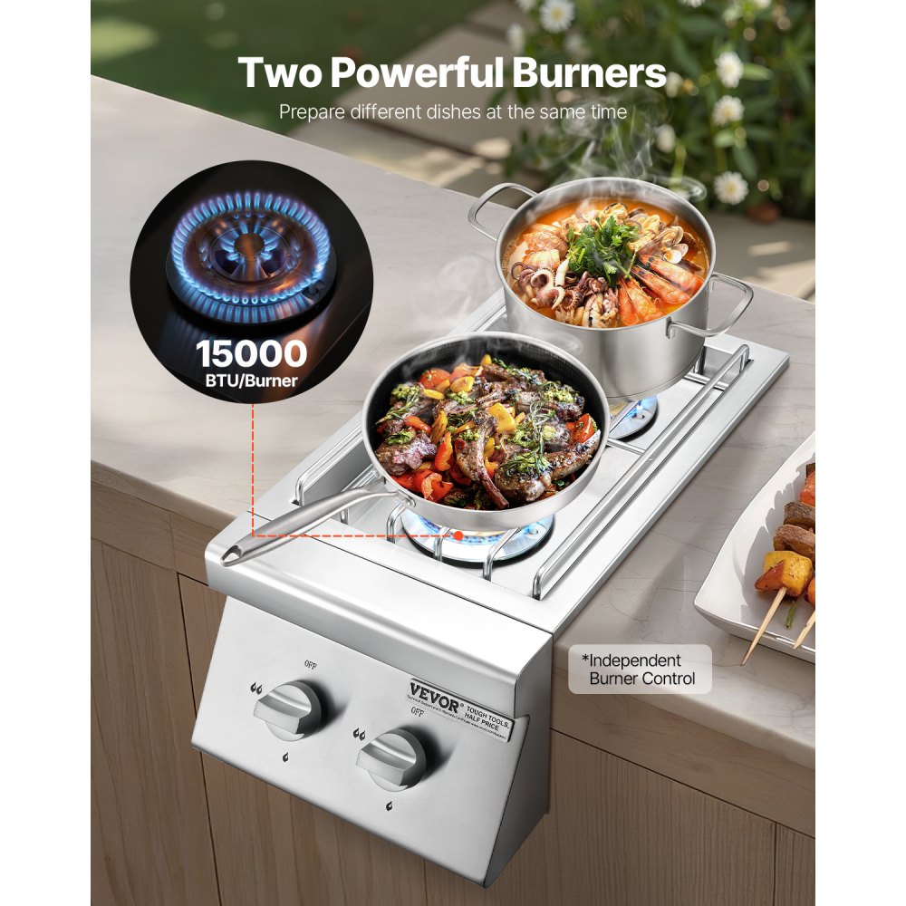 VEVOR Double Grilling Side Burners, 2 x 15,000BTU Liquid Propane Side Burner for Outdoor Kitchen, Convertible to Natural Gas, 304 Stainless Steel Built-in Double Grill Burners for BBQ Grill Island