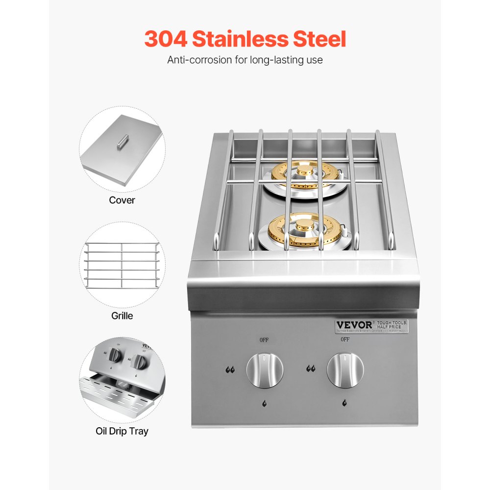 VEVOR Double Grilling Side Burners, 2 x 15,000BTU Liquid Propane Side Burner for Outdoor Kitchen, Convertible to Natural Gas, 304 Stainless Steel Built-in Double Grill Burners for BBQ Grill Island