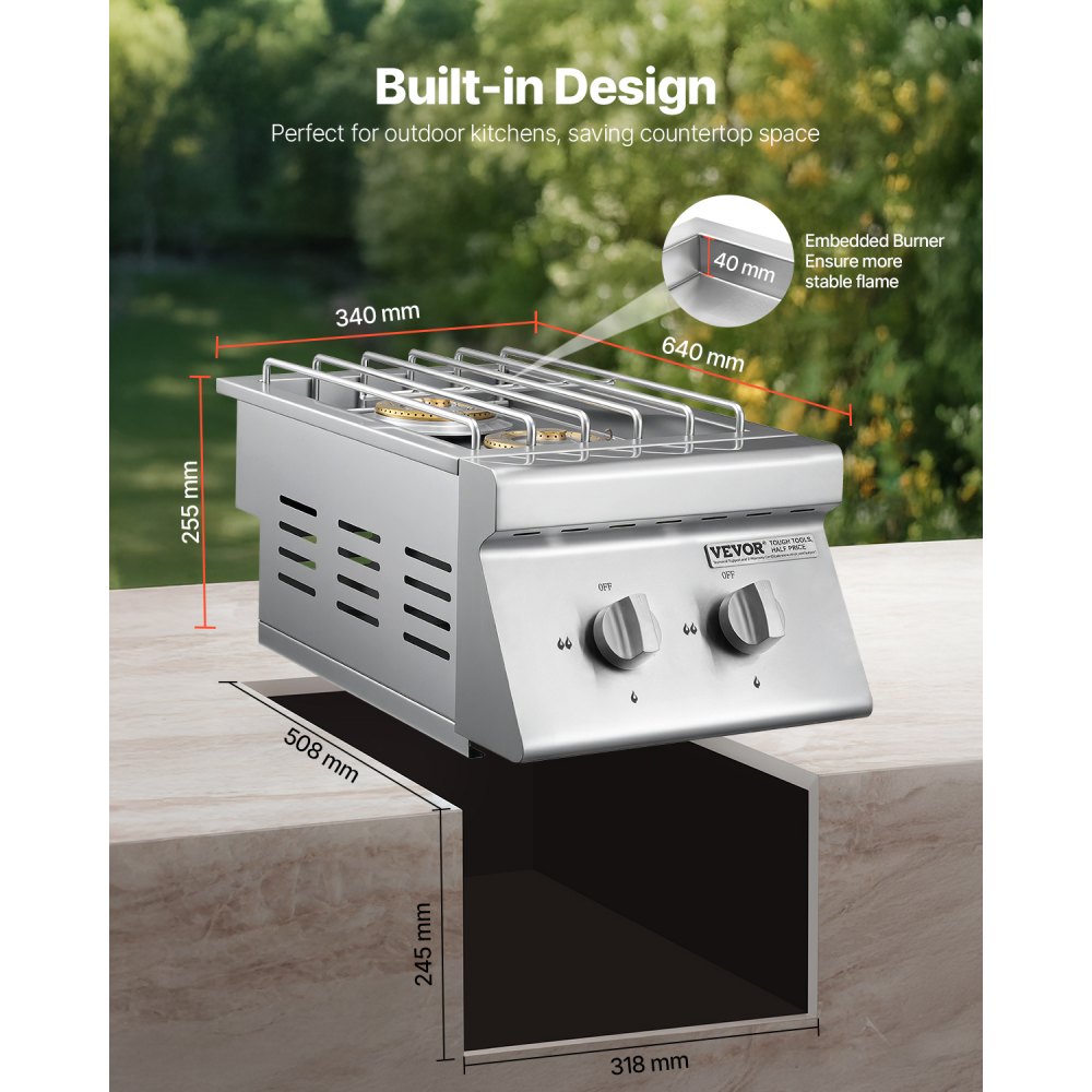 VEVOR Double Grilling Side Burners, 2 x 15,000BTU Liquid Propane Side Burner for Outdoor Kitchen, Convertible to Natural Gas, 304 Stainless Steel Built-in Double Grill Burners for BBQ Grill Island