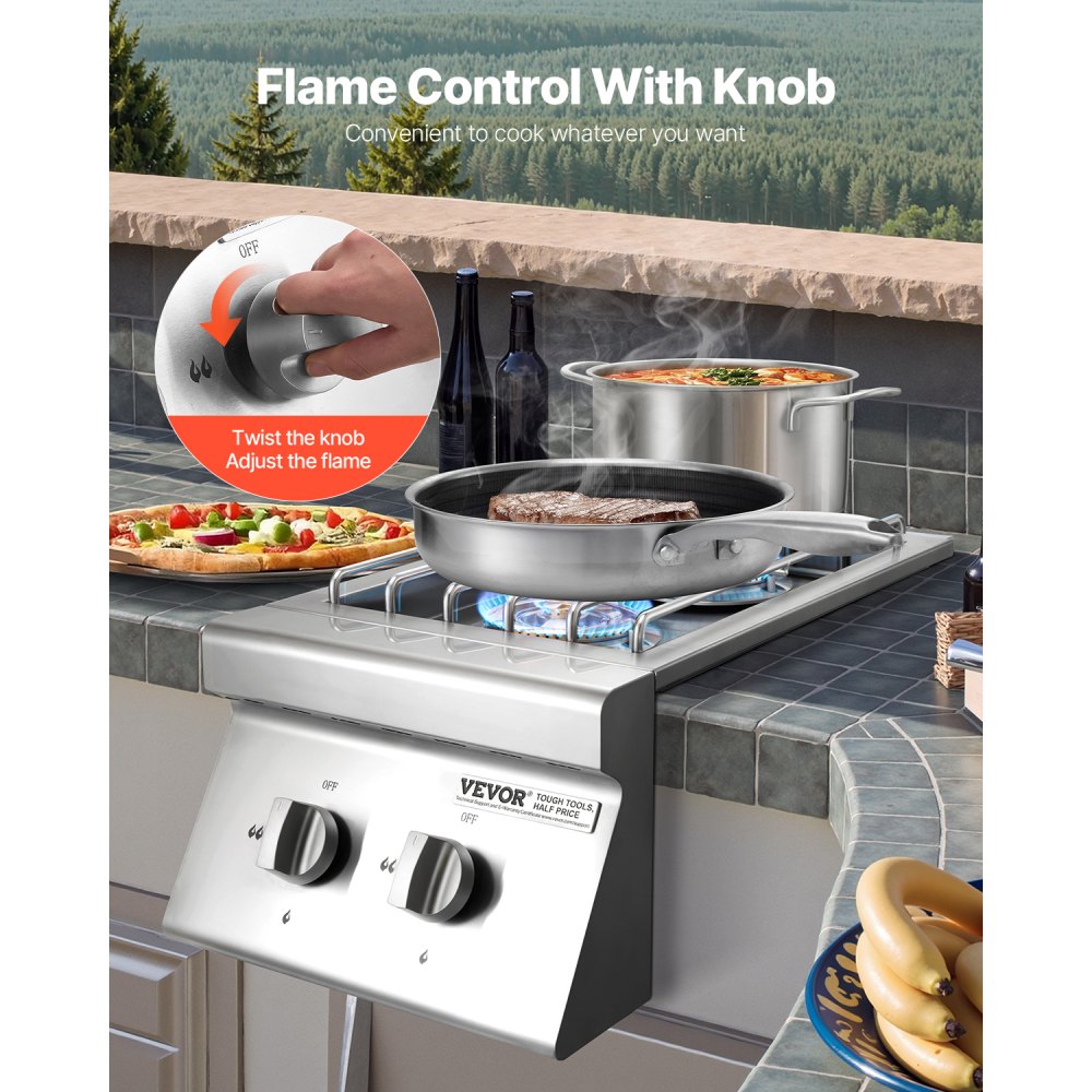 VEVOR Double Grilling Side Burners, 2 x 15,000BTU Liquid Propane Side Burner for Outdoor Kitchen, Convertible to Natural Gas, 304 Stainless Steel Built-in Double Grill Burners for BBQ Grill Island