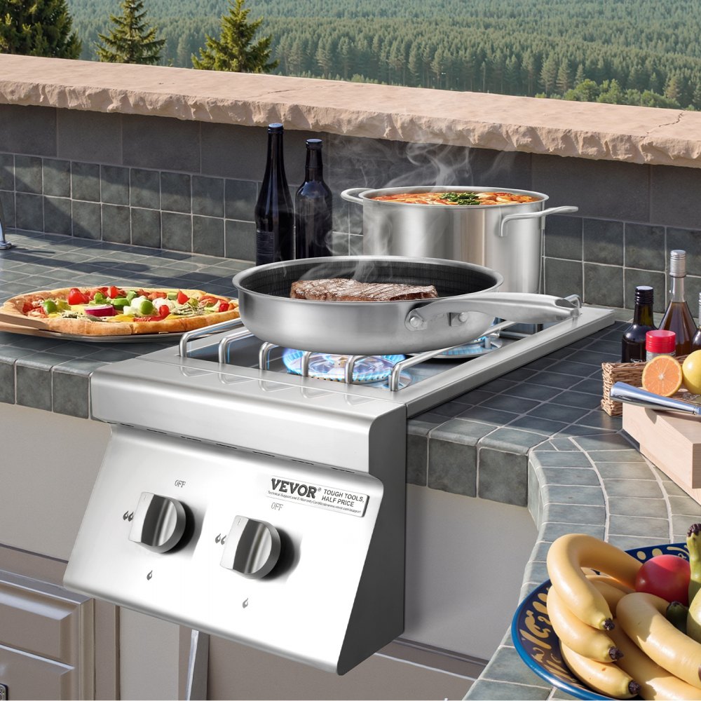 VEVOR Double Grilling Side Burners, 2 x 15,000BTU Liquid Propane Side Burner for Outdoor Kitchen, Convertible to Natural Gas, 304 Stainless Steel Built-in Double Grill Burners for BBQ Grill Island