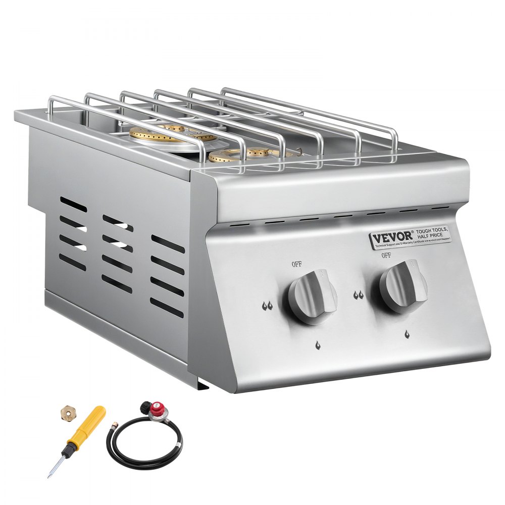 VEVOR Double Grilling Side Burners, 2 x 15,000BTU Liquid Propane Side Burner for Outdoor Kitchen, Convertible to Natural Gas, 304 Stainless Steel Built-in Double Grill Burners for BBQ Grill Island