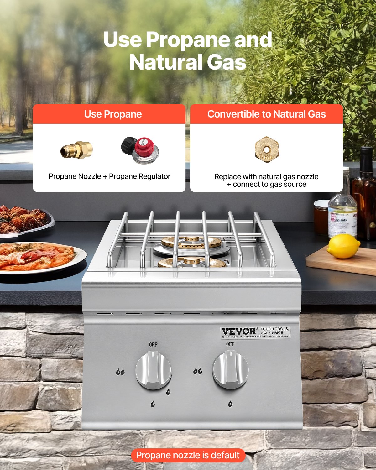 VEVOR Double Grilling Side Burners, 2 x 15,000BTU Liquid Propane Side Burner for Outdoor Kitchen, Convertible to Natural Gas, 304 Stainless Steel Built-in Double Grill Burners for BBQ Grill Island